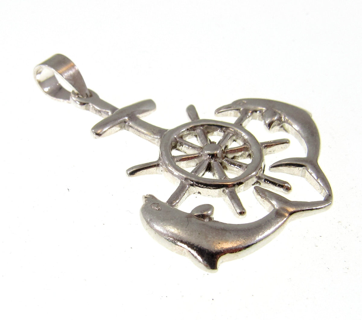 Solid 925 Sterling Silver Ship's Helm, Dolphins, & Anchor Pendant - Nautical Jewelry for Men