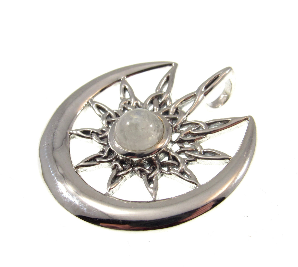 Solid 925 Sterling Silver Celtic Star Moon Pendant with Rainbow Moonstone, Pagan Lunar Jewelry