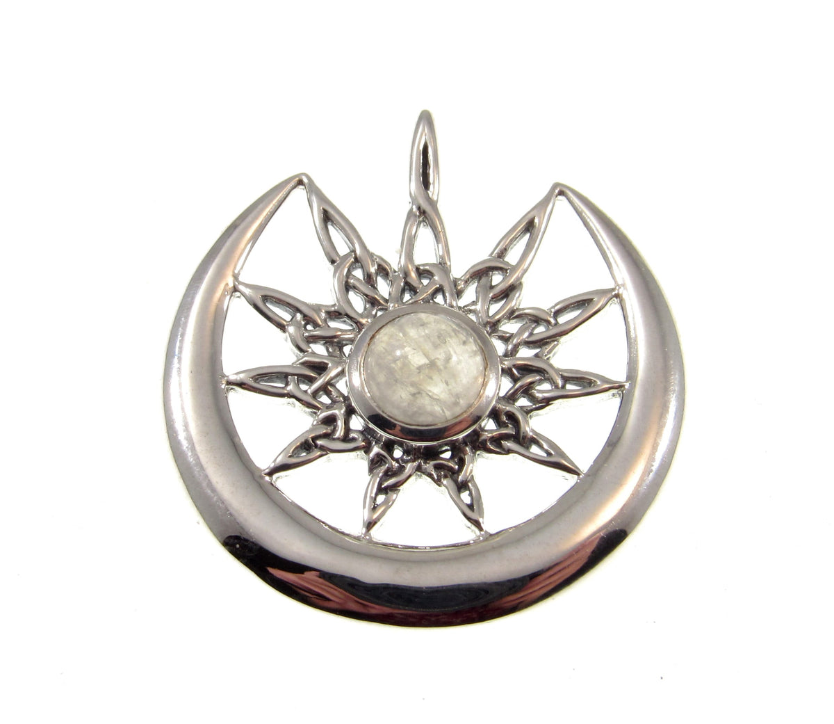 Solid 925 Sterling Silver Celtic Star Moon Pendant with Rainbow Moonstone, Pagan Lunar Jewelry