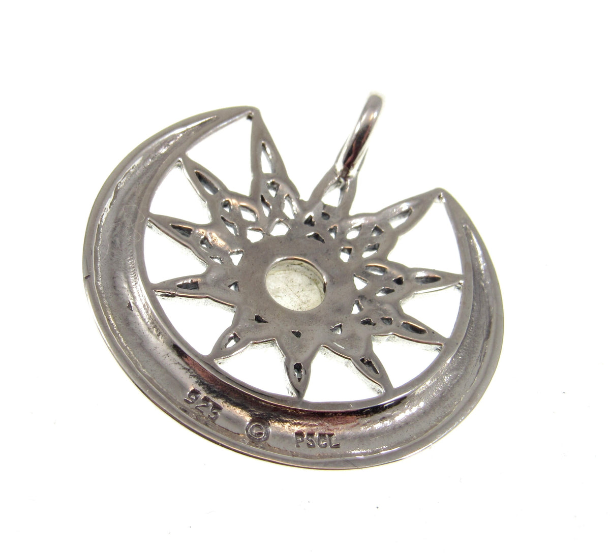 Solid 925 Sterling Silver Celtic Star Moon Pendant with Rainbow Moonstone, Pagan Lunar Jewelry