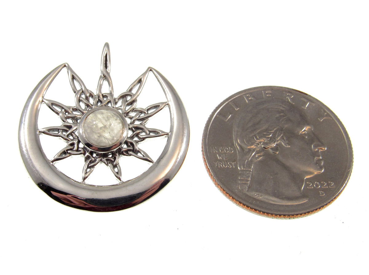 Solid 925 Sterling Silver Celtic Star Moon Pendant with Rainbow Moonstone, Pagan Lunar Jewelry