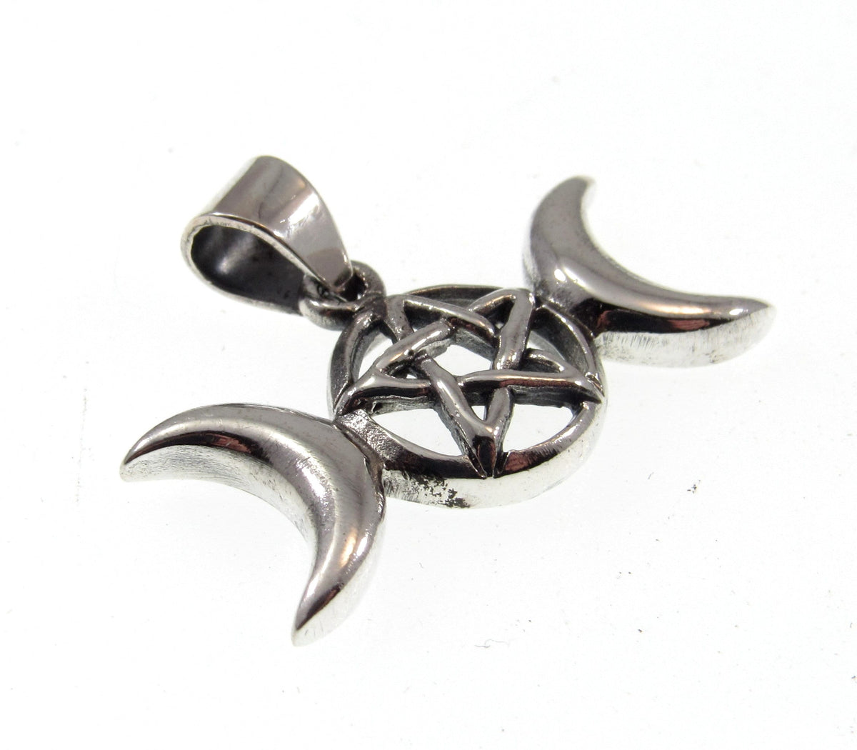 Solid 925 Sterling Silver Triple Moon Goddess Pendant with Pentagram – Moon Phases Pentacle