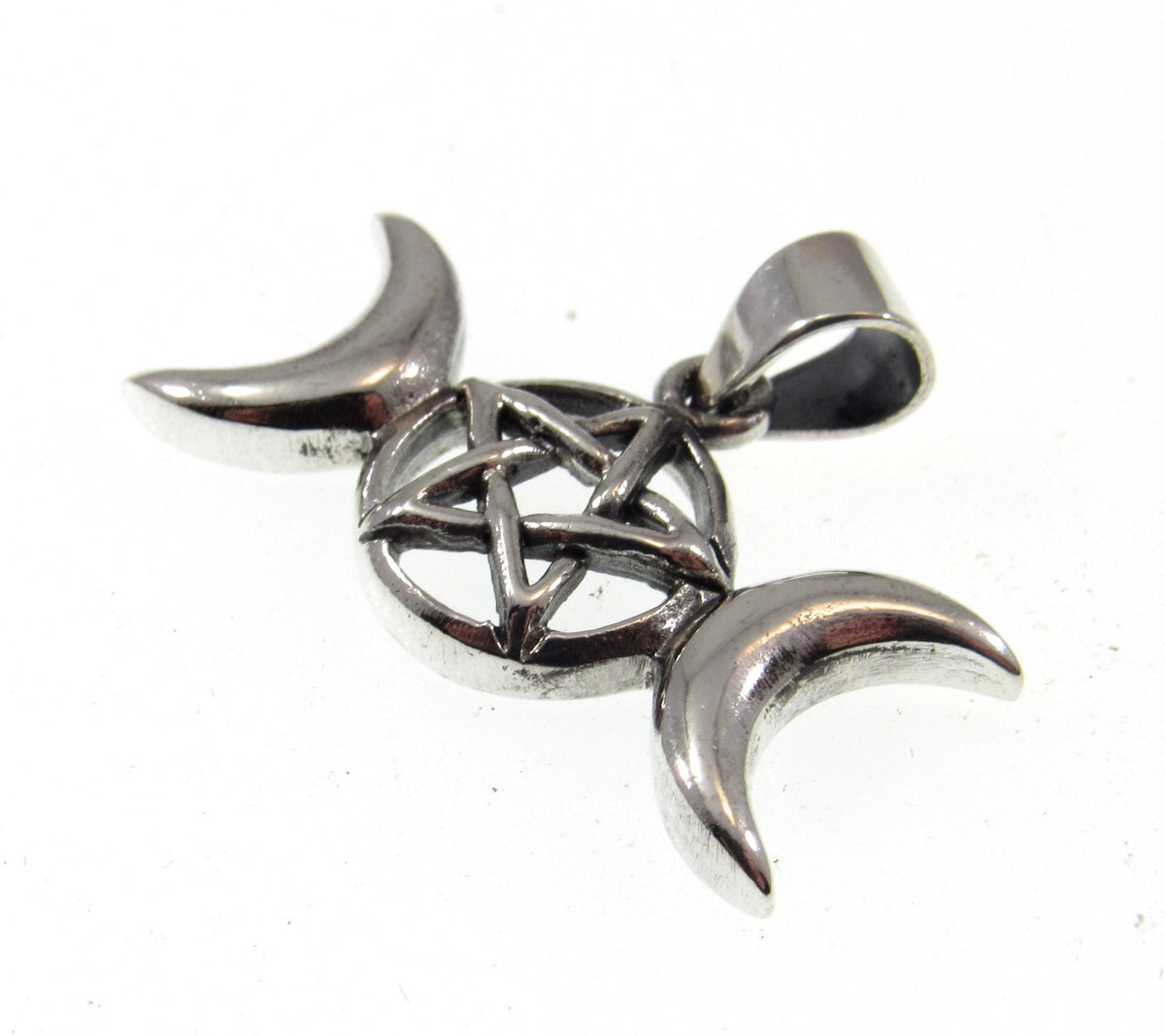 Solid 925 Sterling Silver Triple Moon Goddess Pendant with Pentagram – Moon Phases Pentacle