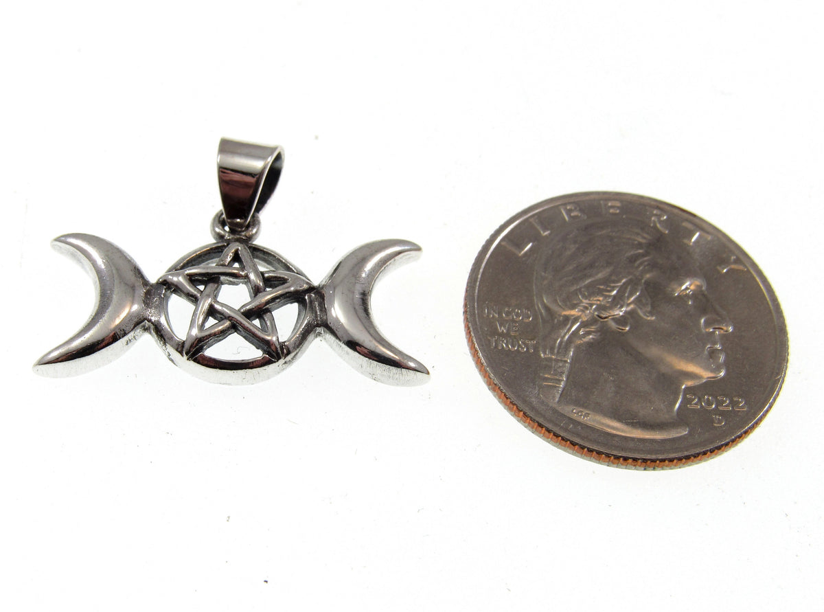 Solid 925 Sterling Silver Triple Moon Goddess Pendant with Pentagram – Moon Phases Pentacle