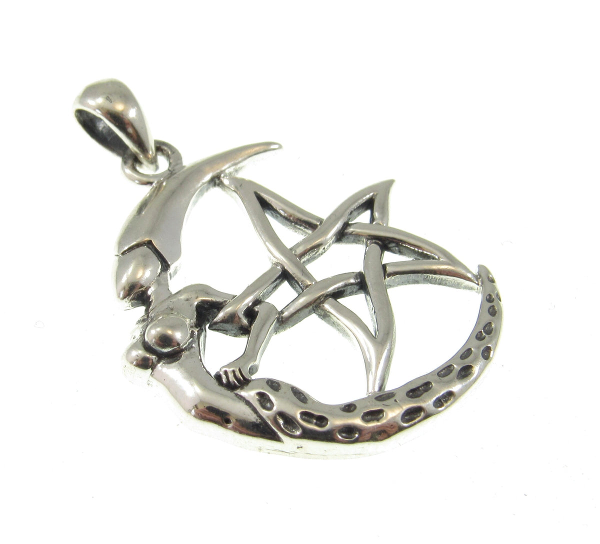 Solid 925 Sterling Silver Crescent Moon Goddess Pentacle Pendant Wiccan Pagan Witch Jewelry