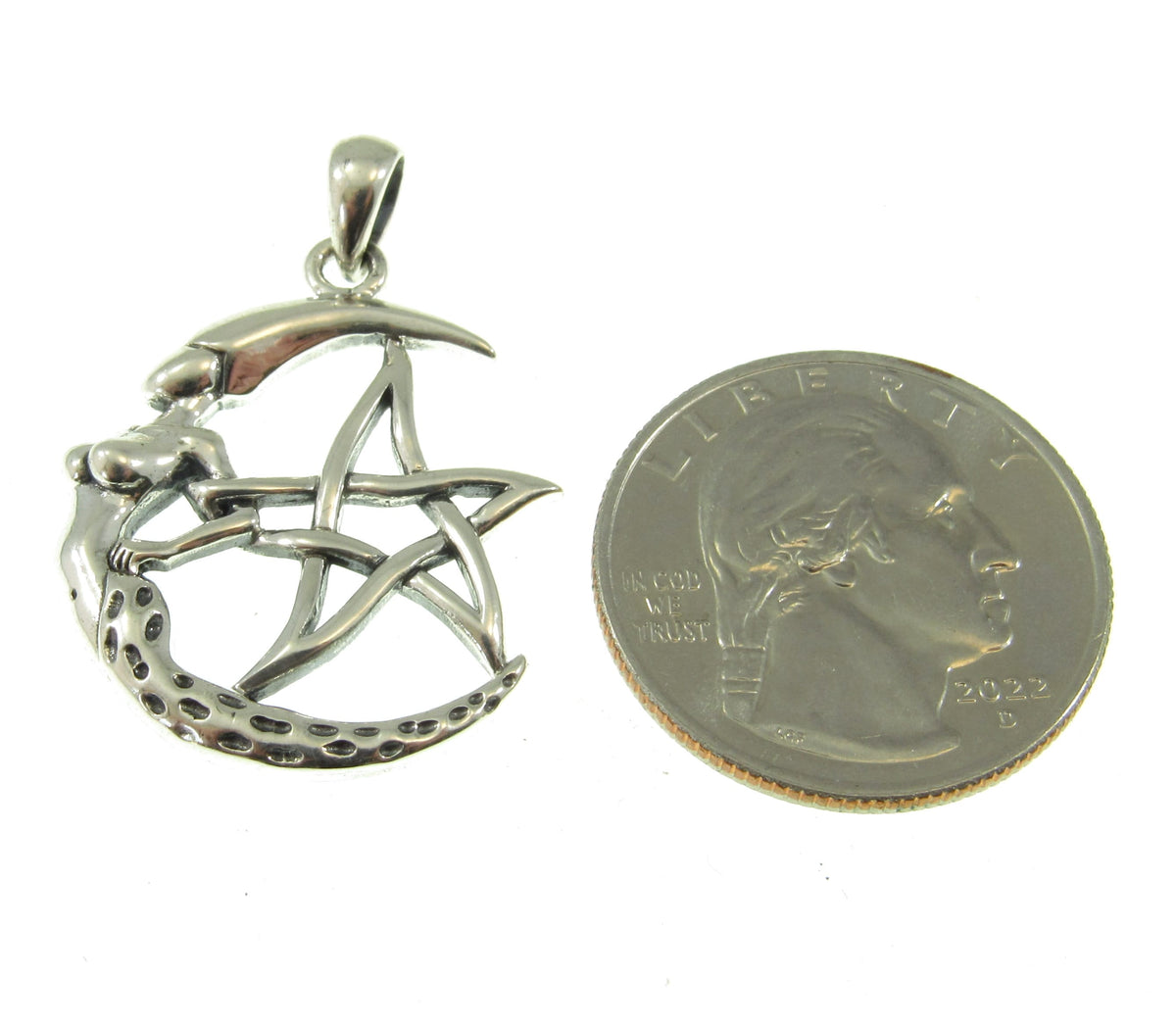 Solid 925 Sterling Silver Crescent Moon Goddess Pentacle Pendant Wiccan Pagan Witch Jewelry