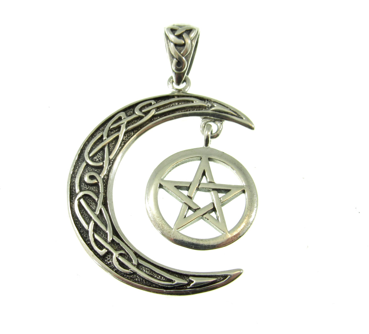 Solid 925 Silver Celtic Moon and Hanging Pentagram Pendant, Pagan Witchcraft Talisman Jewelry