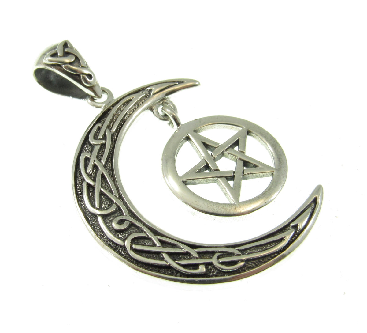 Solid 925 Silver Celtic Moon and Hanging Pentagram Pendant, Pagan Witchcraft Talisman Jewelry