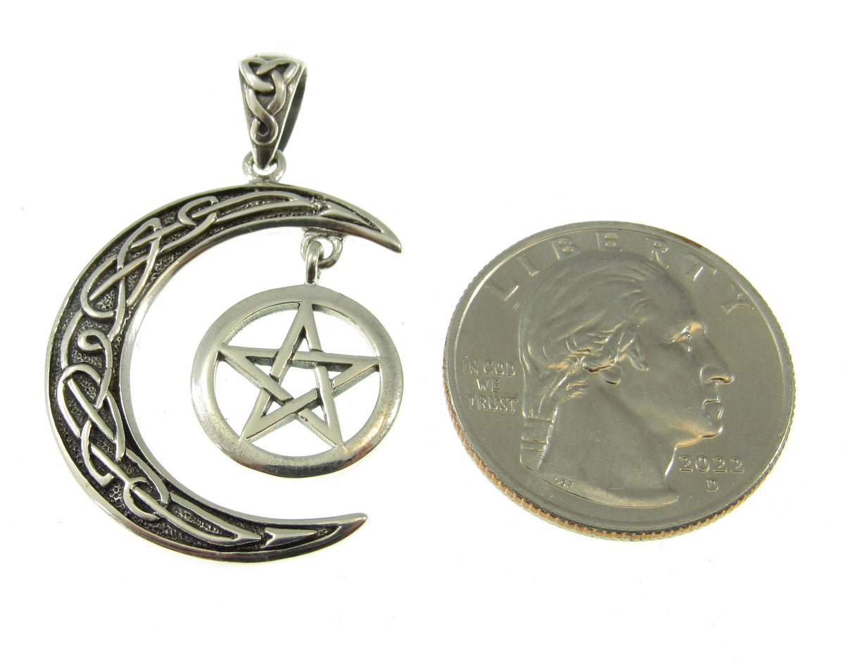 Solid 925 Silver Celtic Moon and Hanging Pentagram Pendant, Pagan Witchcraft Talisman Jewelry