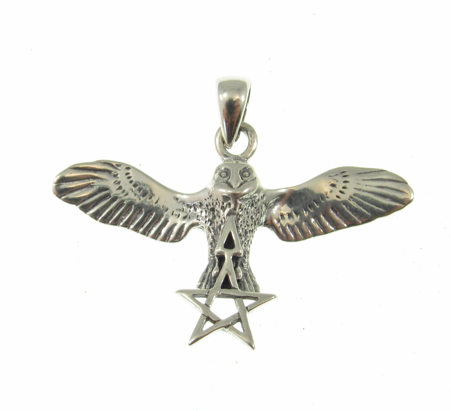 Solid 925 Sterling Silver Flying Owl Pendant, Pentagram Star Triangle, Pagan Wiccan Amulet