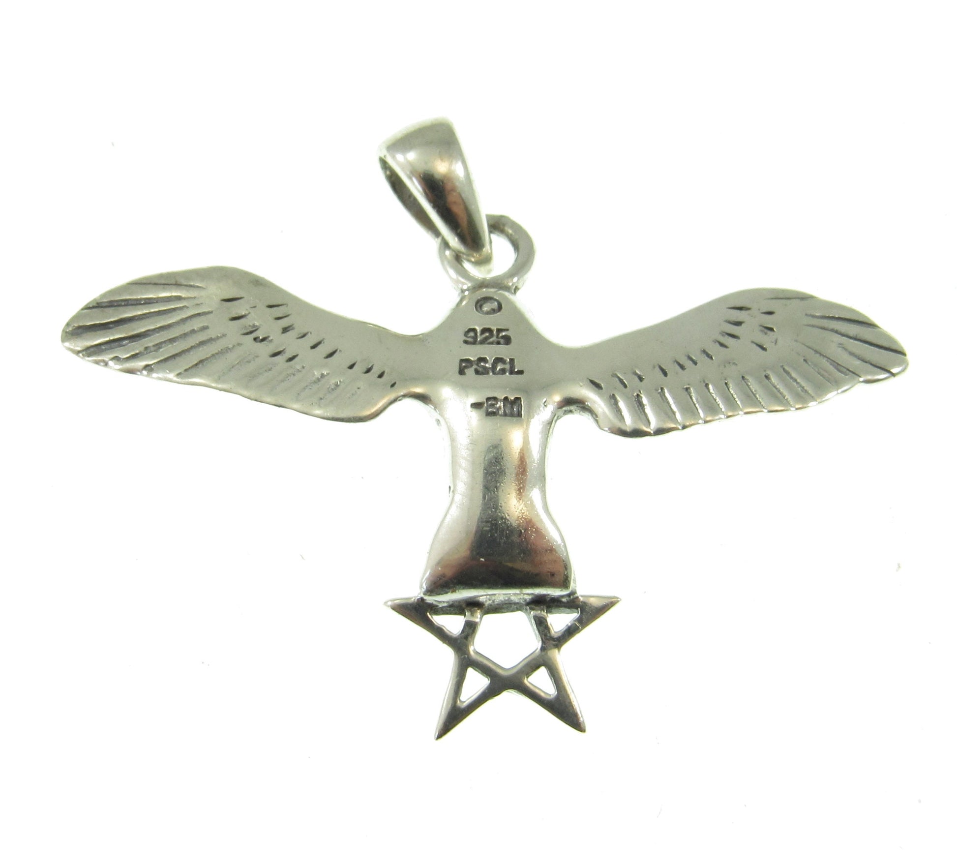Solid 925 Sterling Silver Flying Owl Pendant, Pentagram Star Triangle, Pagan Wiccan Amulet