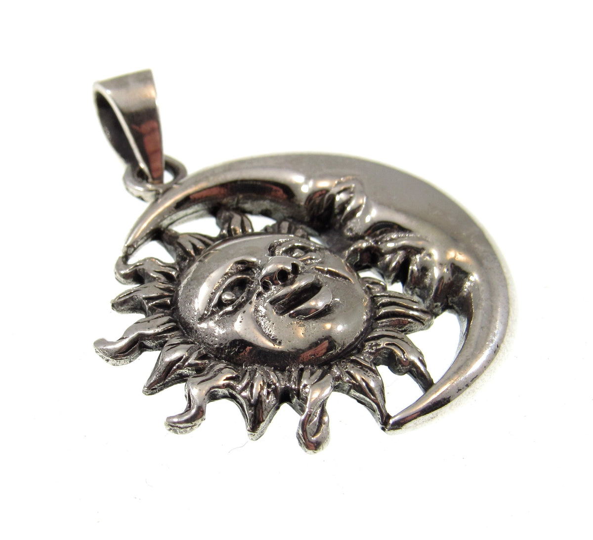 Solid 925 Sterling Silver Sun and Crescent Moon Faces Pendant, Cosmic Solar & Lunar Amulet