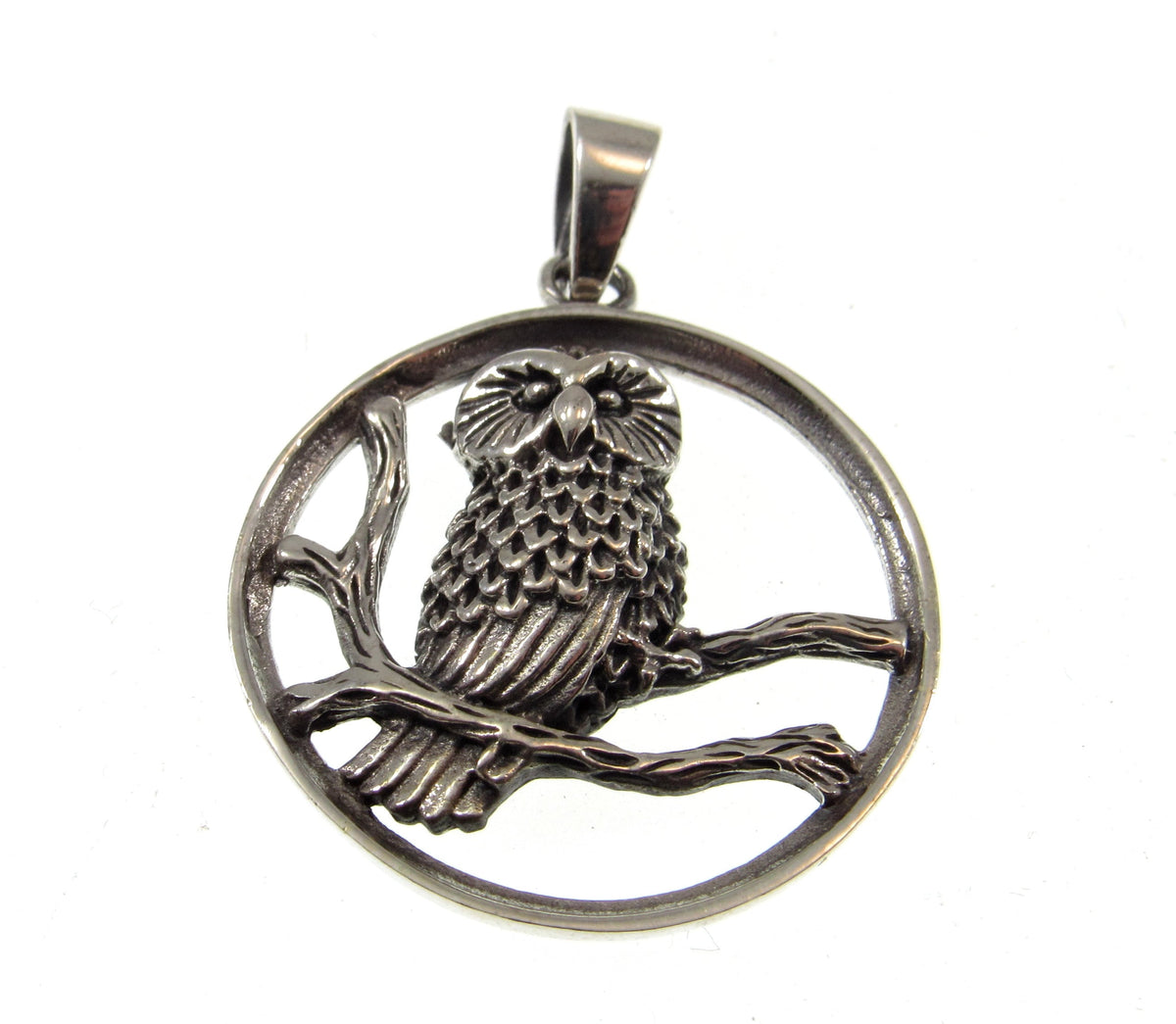 Solid 925 Sterling Silver Barn Owl Pendant Necklace – Forest Bird on Branch Amulet