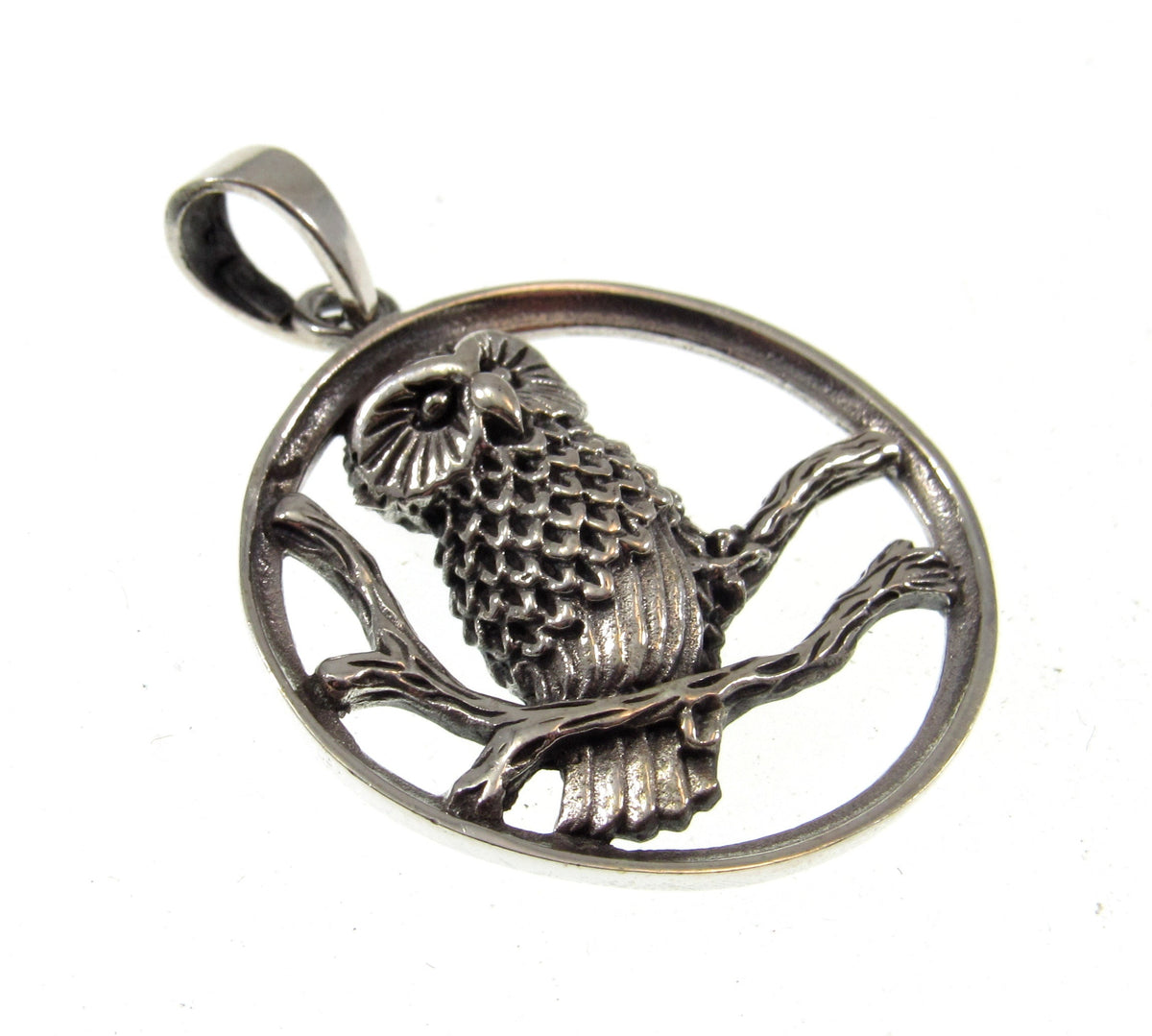 Solid 925 Sterling Silver Barn Owl Pendant Necklace – Forest Bird on Branch Amulet