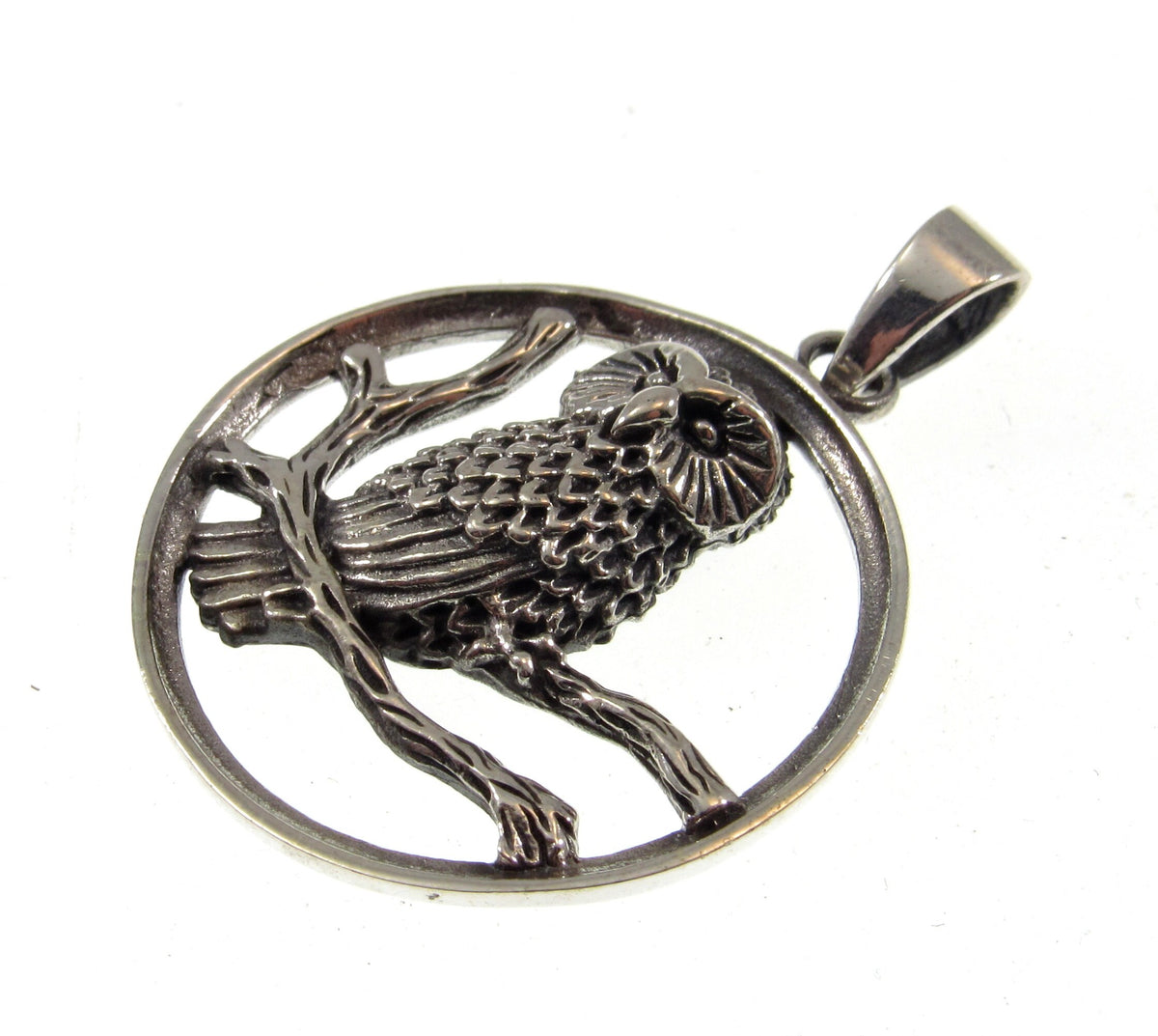 Solid 925 Sterling Silver Barn Owl Pendant Necklace – Forest Bird on Branch Amulet