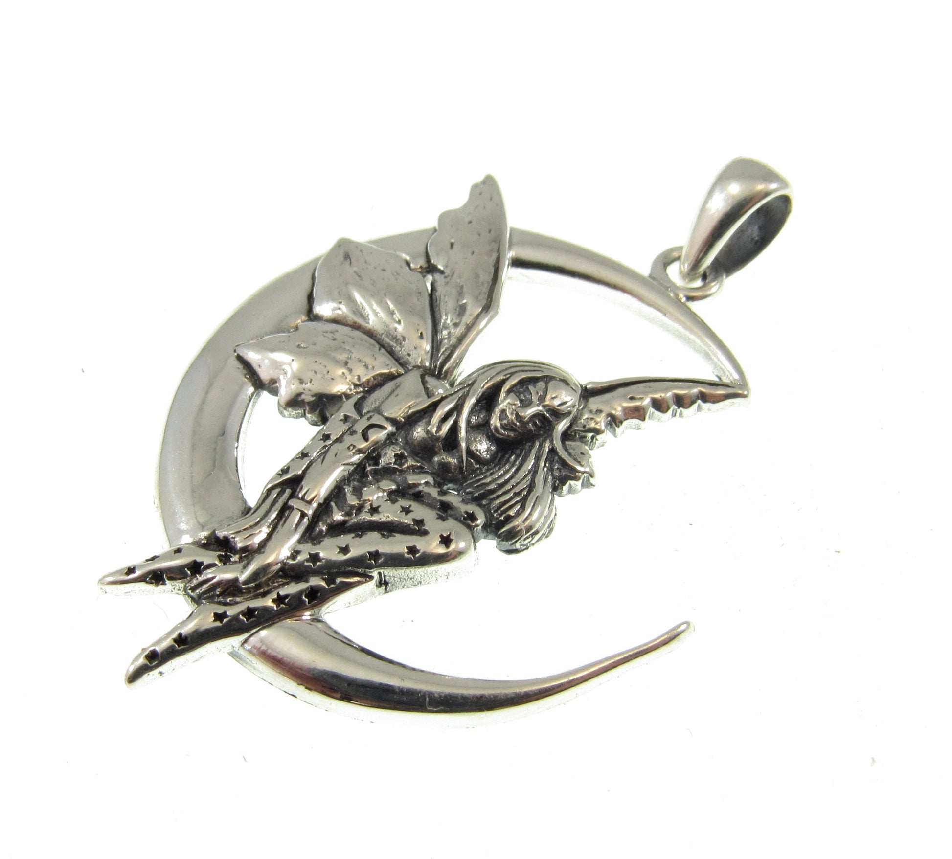Solid 925 Sterling Silver Moon Fairy Pendant by Amy Brown, Dream Fairy Celestial Jewelry
