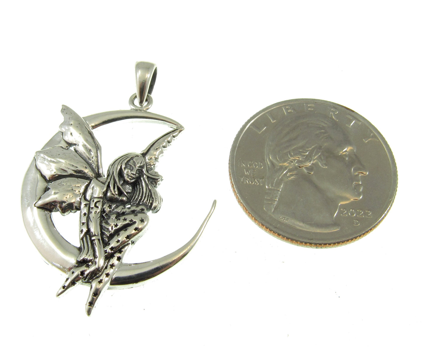 Solid 925 Sterling Silver Moon Fairy Pendant by Amy Brown, Dream Fairy Celestial Jewelry