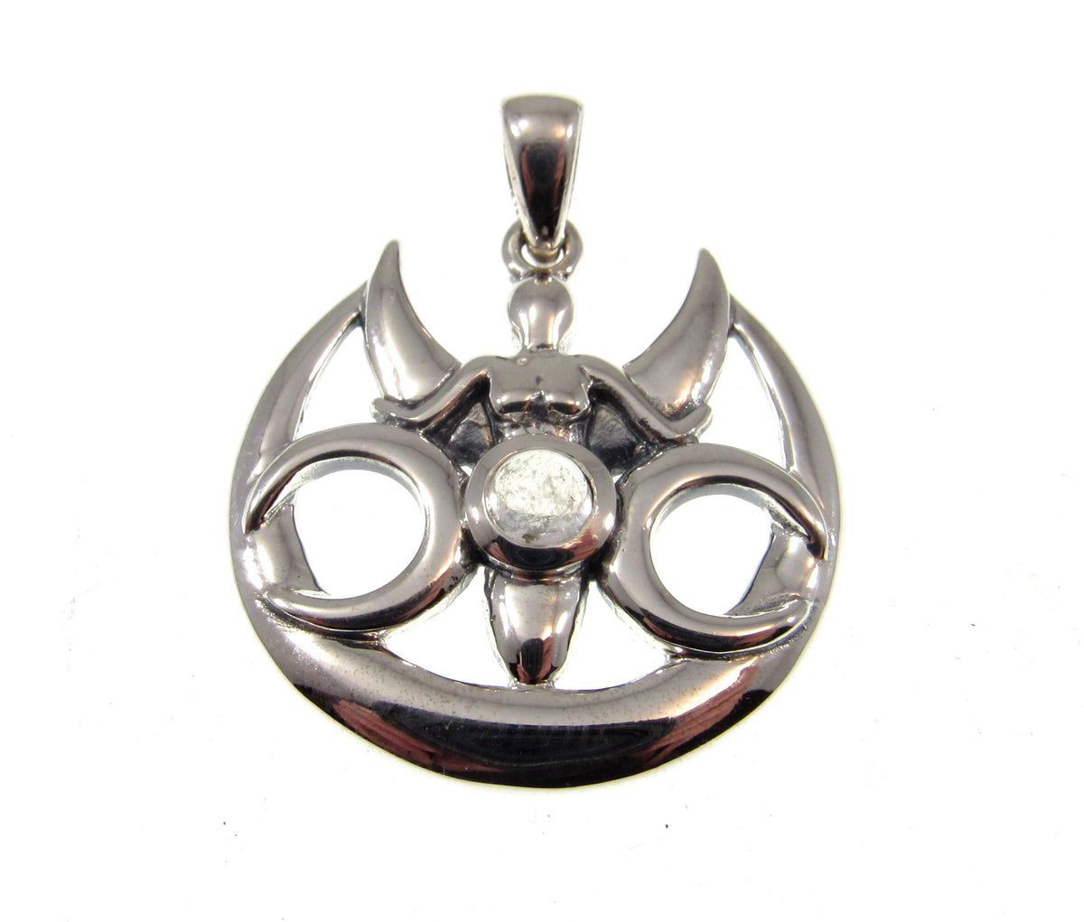 Solid 925 Sterling Silver Goddess Triple Moon Rainbow Moonstone Pendant, Maiden Mother Crone Amulet