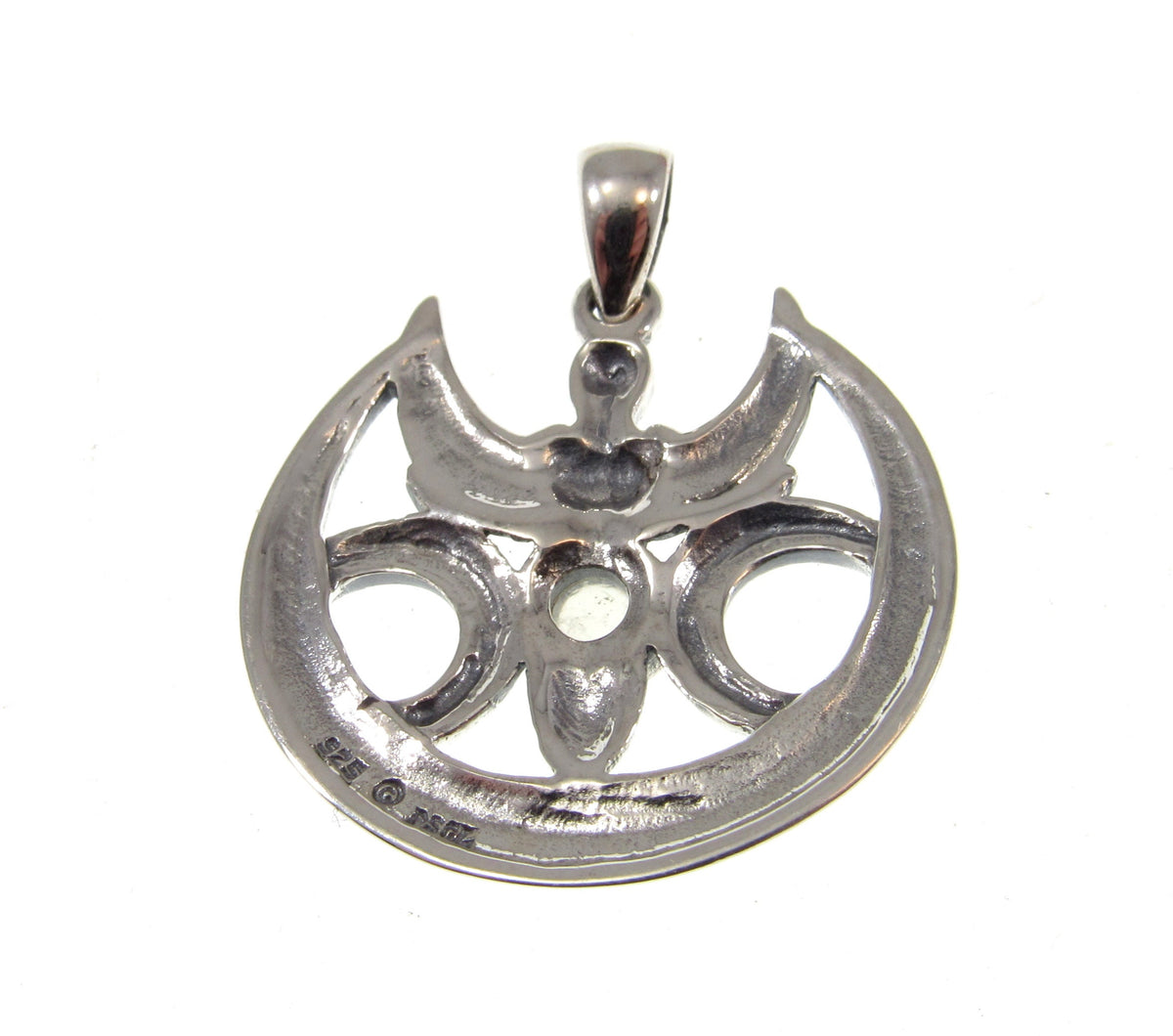 Solid 925 Sterling Silver Goddess Triple Moon Rainbow Moonstone Pendant, Maiden Mother Crone Amulet