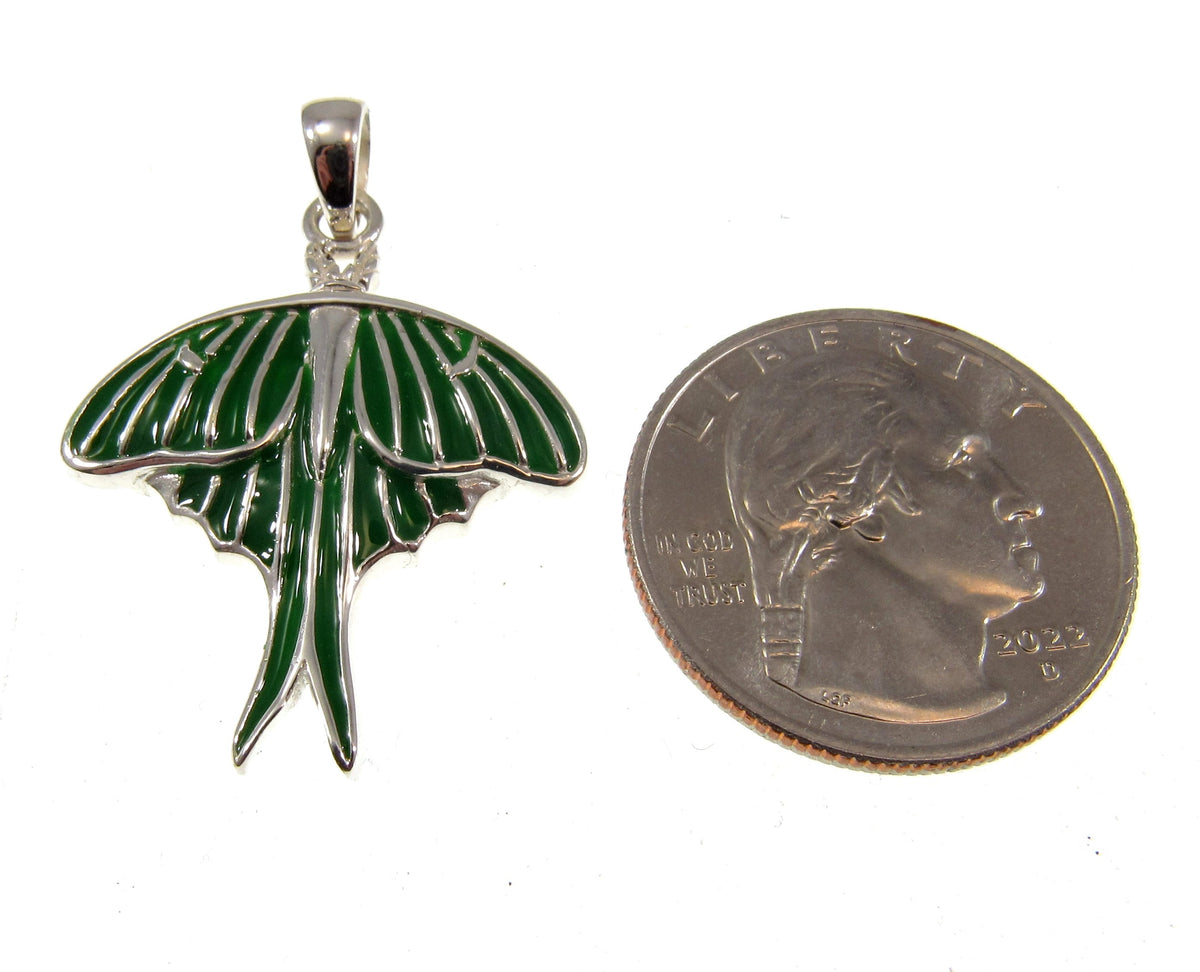 Solid 925 Sterling Silver and Green Enamel Luna Moth Pendant by Renown Artist & Clairvoyant Ted Andrews