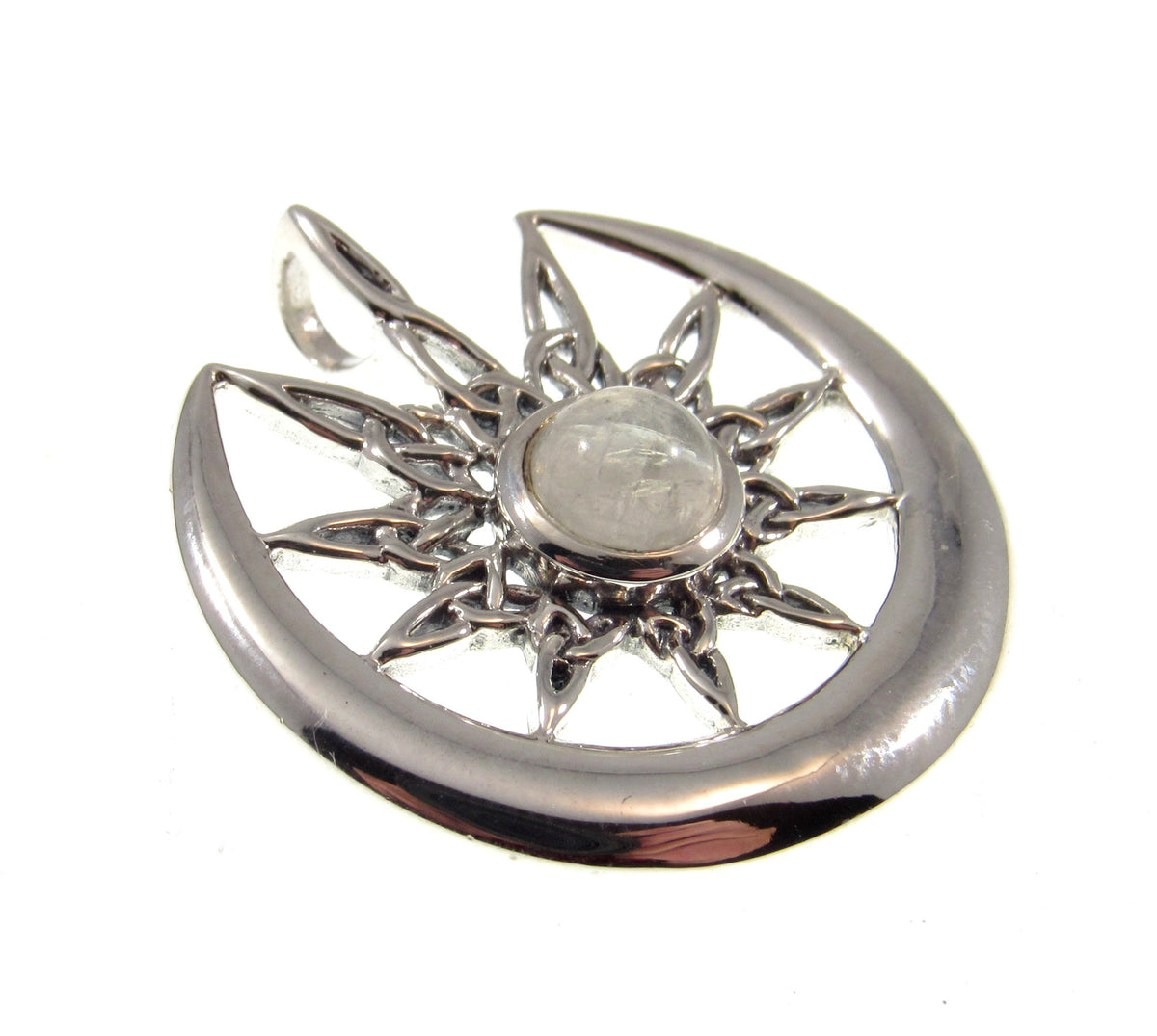 Solid 925 Sterling Silver Celtic Star Moon Pendant with Rainbow Moonstone, Pagan Lunar Jewelry