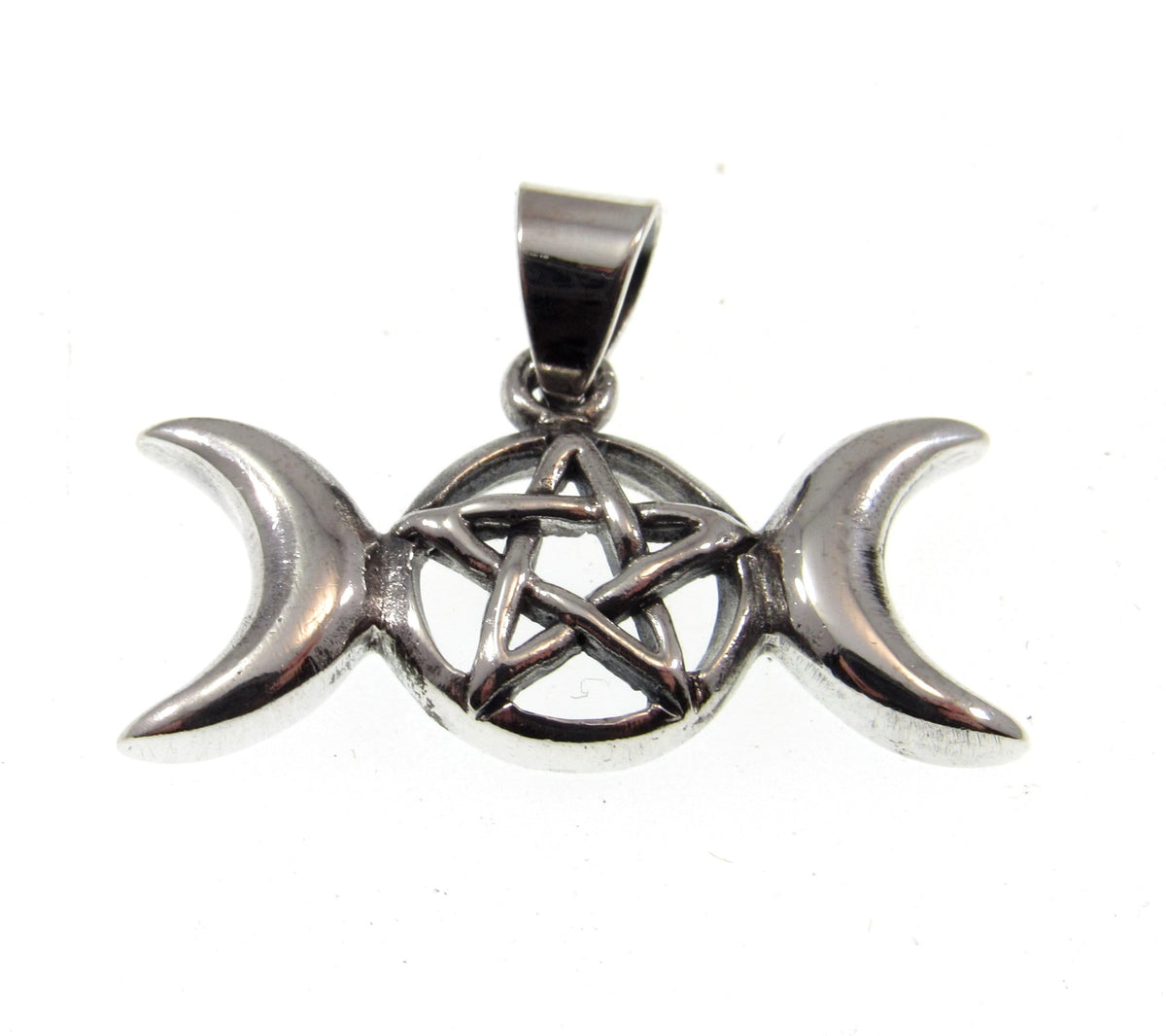 Solid 925 Sterling Silver Triple Moon Goddess Pendant with Pentagram – Moon Phases Pentacle