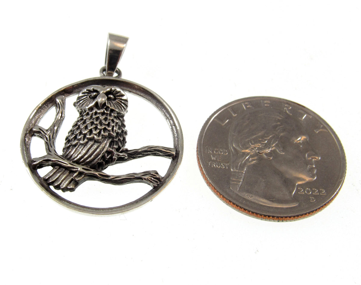 Solid 925 Sterling Silver Barn Owl Pendant Necklace – Forest Bird on Branch Amulet