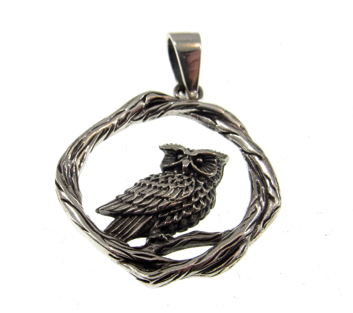 Solid 925 Sterling Silver Owl Pendant - Woodland Owl Perched on Twisted Branches Amulet