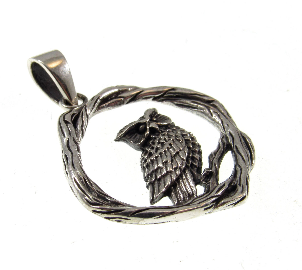 Solid 925 Sterling Silver Owl Pendant - Woodland Owl Perched on Twisted Branches Amulet