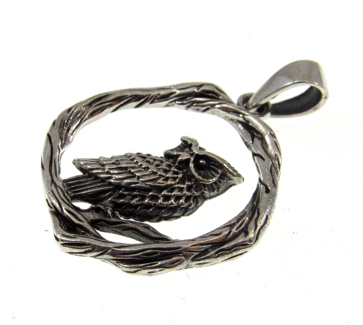 Solid 925 Sterling Silver Owl Pendant - Woodland Owl Perched on Twisted Branches Amulet