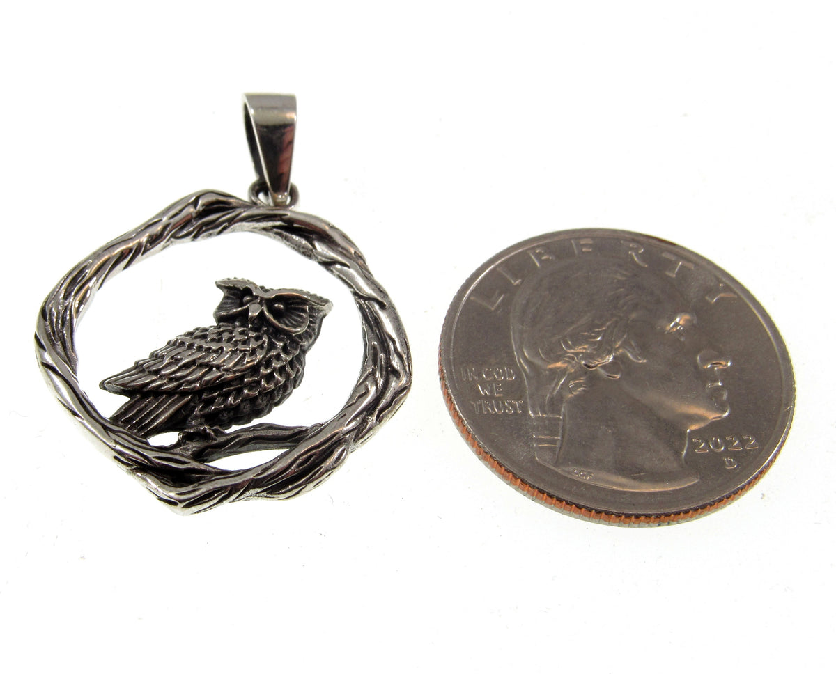 Solid 925 Sterling Silver Owl Pendant - Woodland Owl Perched on Twisted Branches Amulet