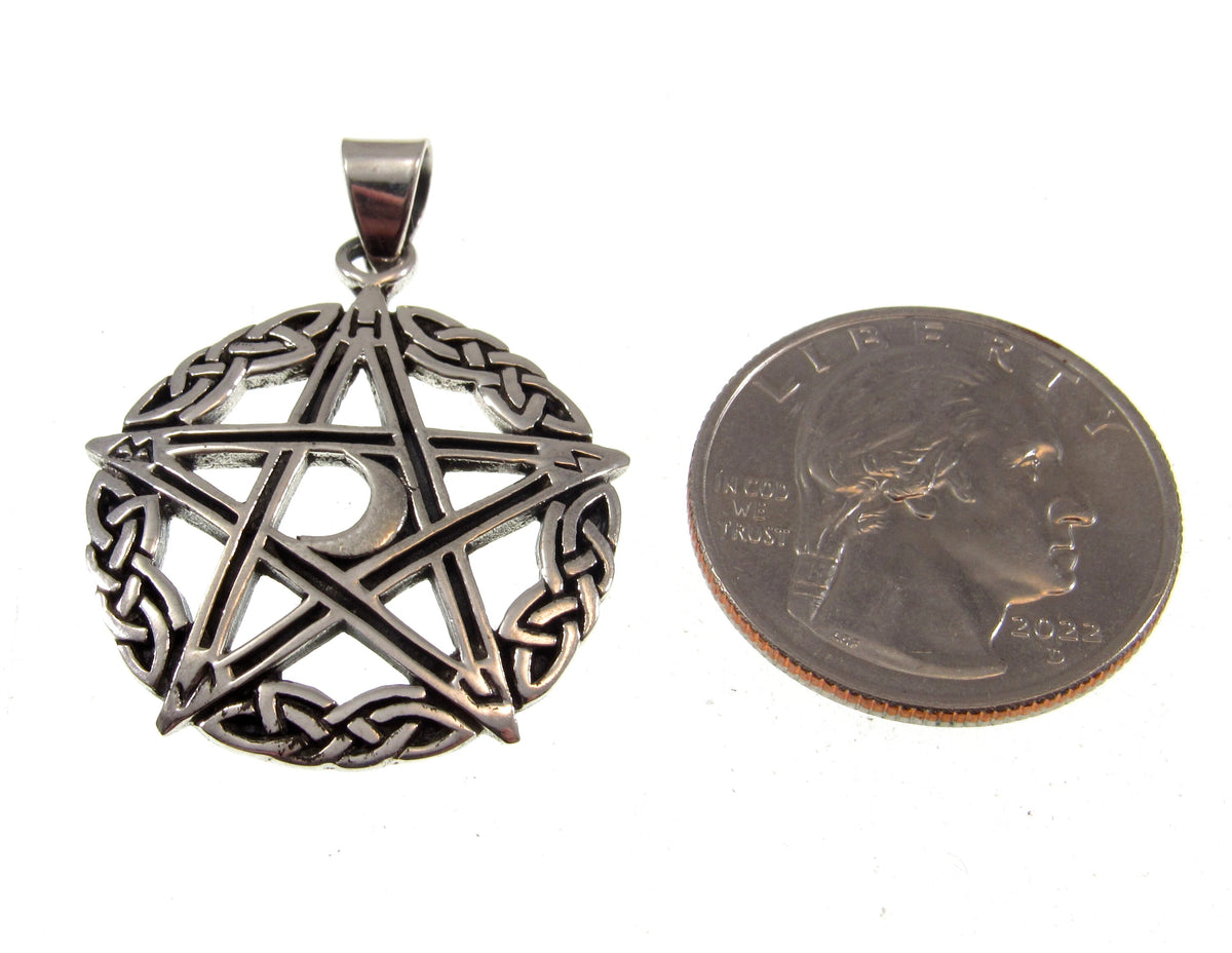 Solid 925 Sterling Silver Celtic Knot Pentacle Pendant – Crescent Moon Pentagram, Pagan Protection Amulet