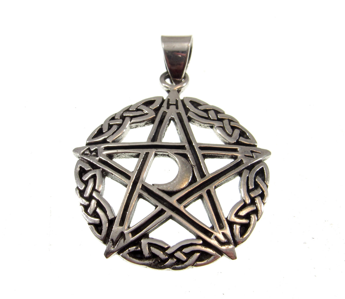 Solid 925 Sterling Silver Celtic Knot Pentacle Pendant – Crescent Moon Pentagram, Pagan Protection Amulet