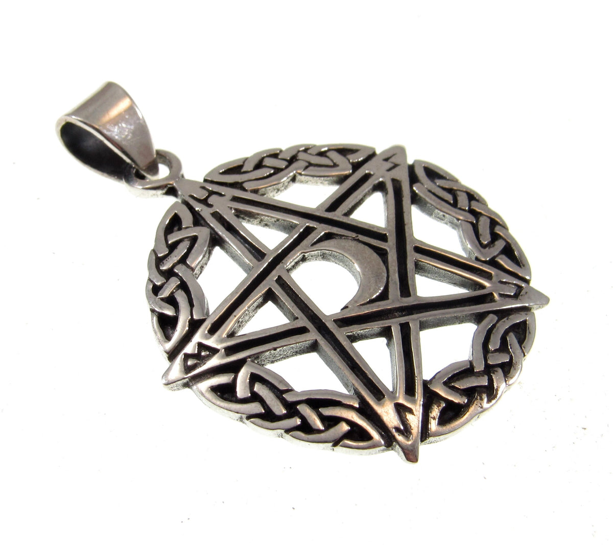 Solid 925 Sterling Silver Celtic Knot Pentacle Pendant – Crescent Moon Pentagram, Pagan Protection Amulet