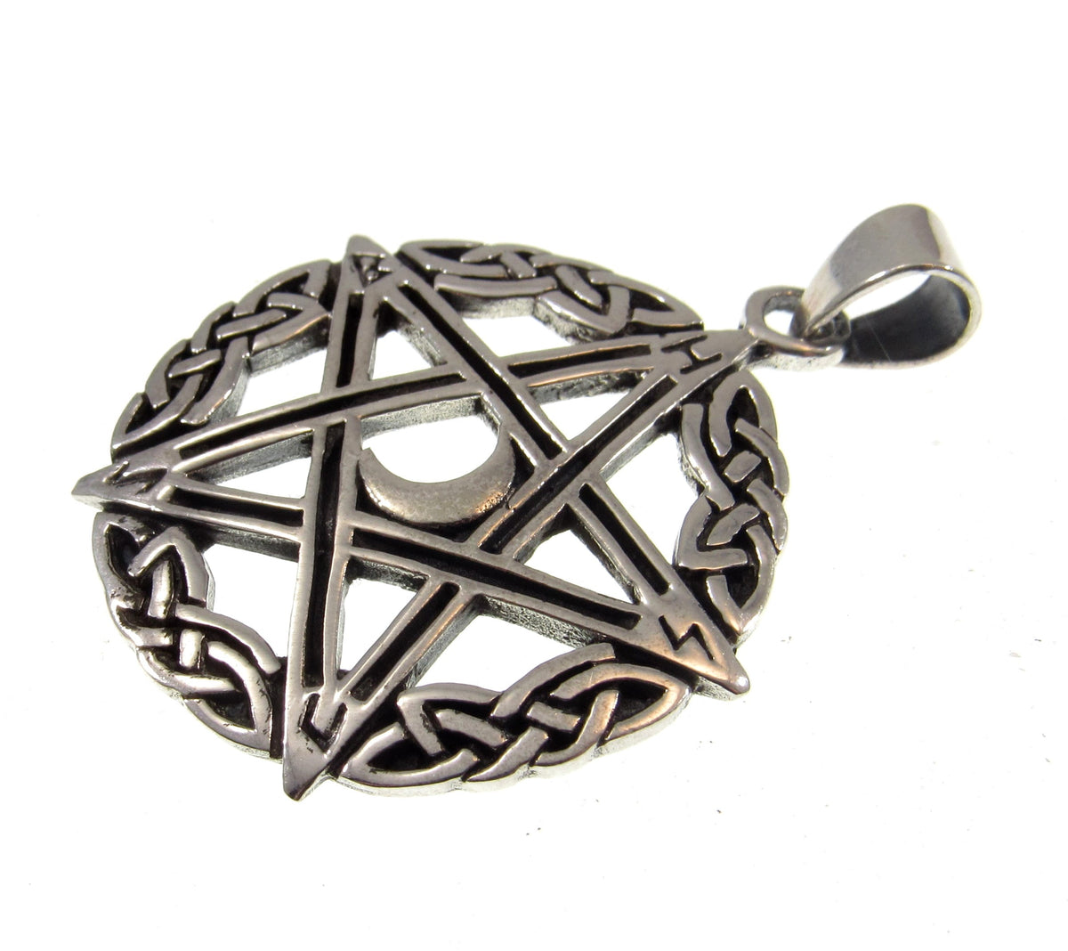 Solid 925 Sterling Silver Celtic Knot Pentacle Pendant – Crescent Moon Pentagram, Pagan Protection Amulet