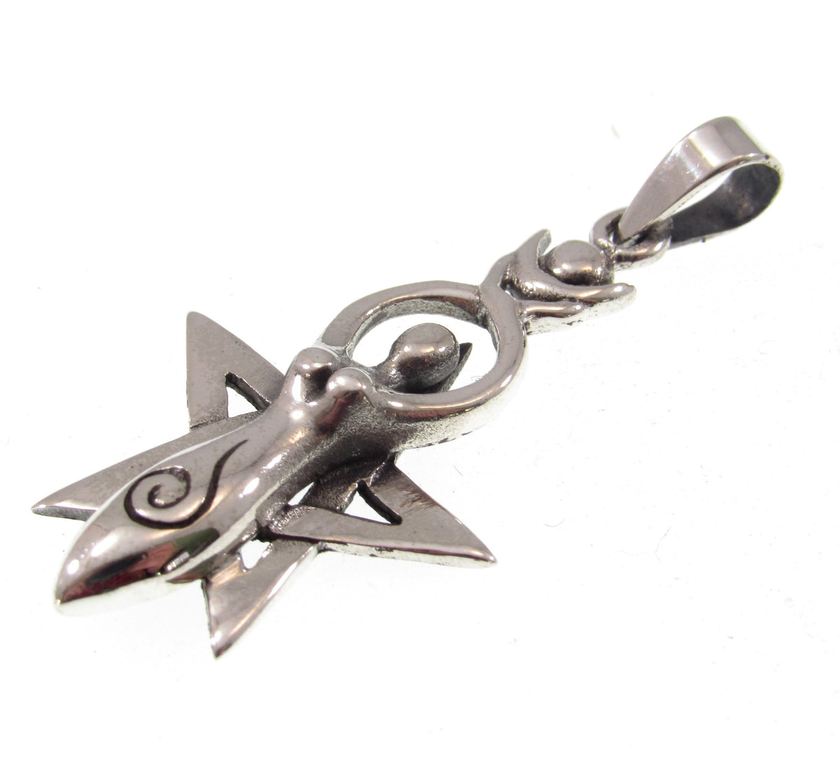 Solid 925 Sterling Silver Spiral Goddess Pentagram Pendant, Sacred Feminine Empowerment Symbol
