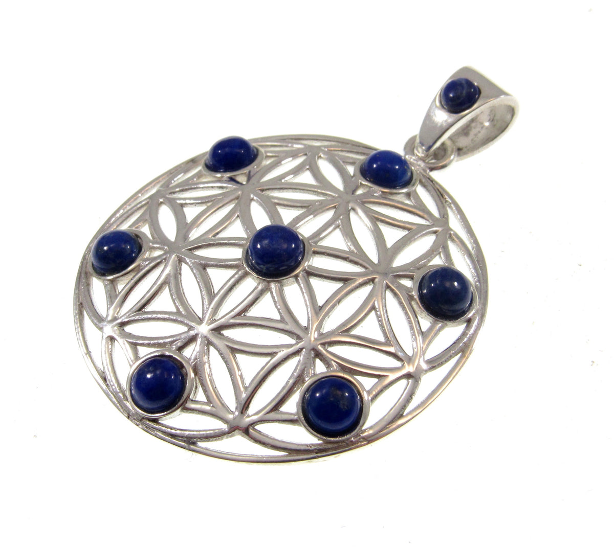 Solid 925 Sterling Silver Flower of Life Pendant w/ Lapis Lazuli, Sacred Geometry Jewelry, Spiritual Amulet, Bohemian Healing Stone Necklace
