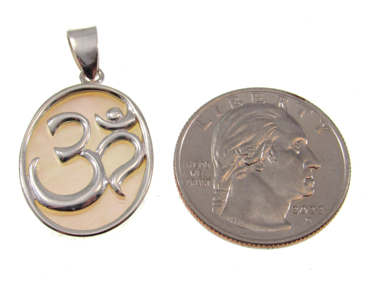 Solid 925 Sterling Silver Om Aum Pendant with Mother of Pearl or Abalone Shell, Handcrafted Healing/Protection Amulet