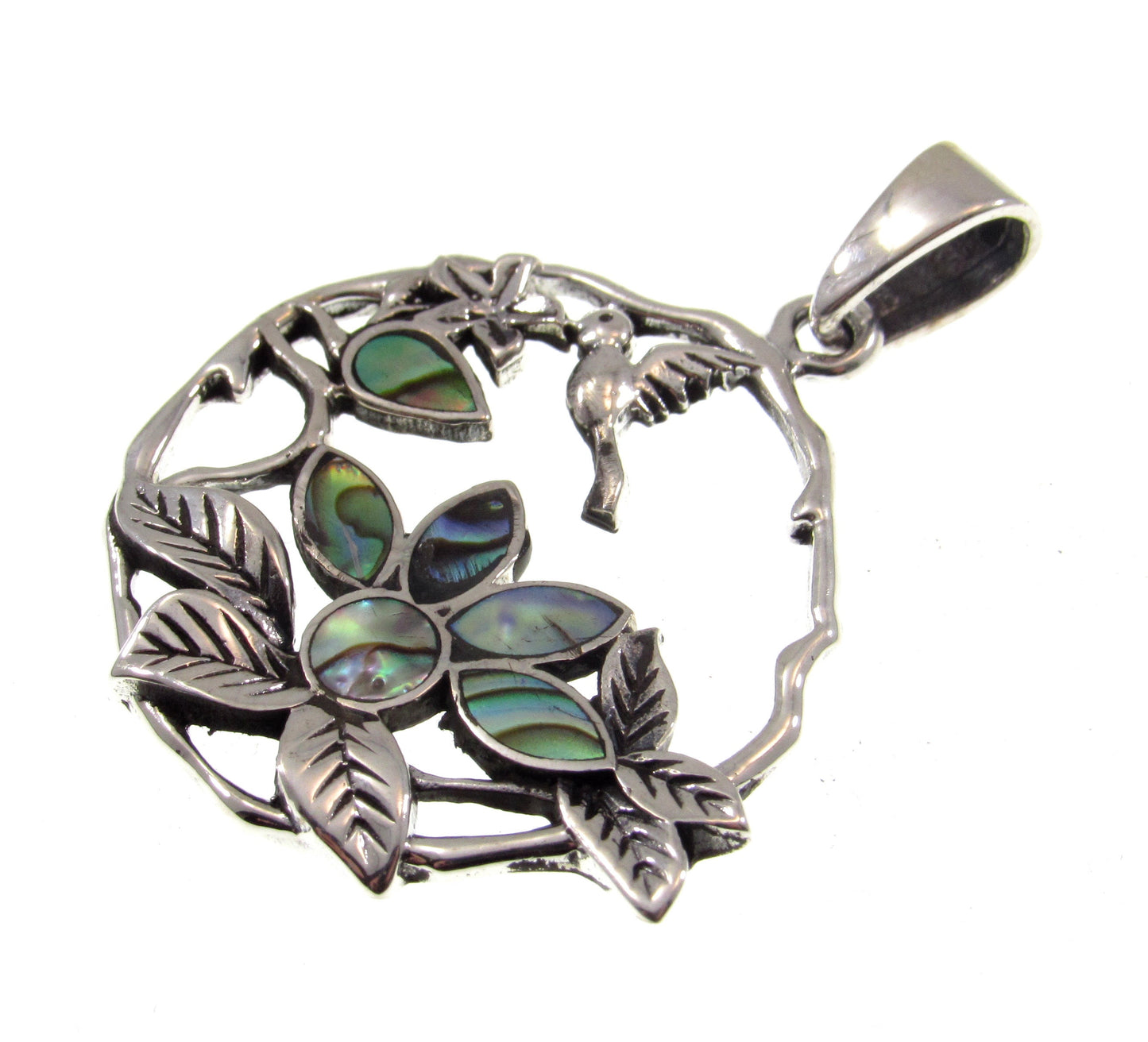 Solid 925 Sterling Silver Hummingbird and Flowers Pendant with Inlaid Pink or Rainbow Paua Shell