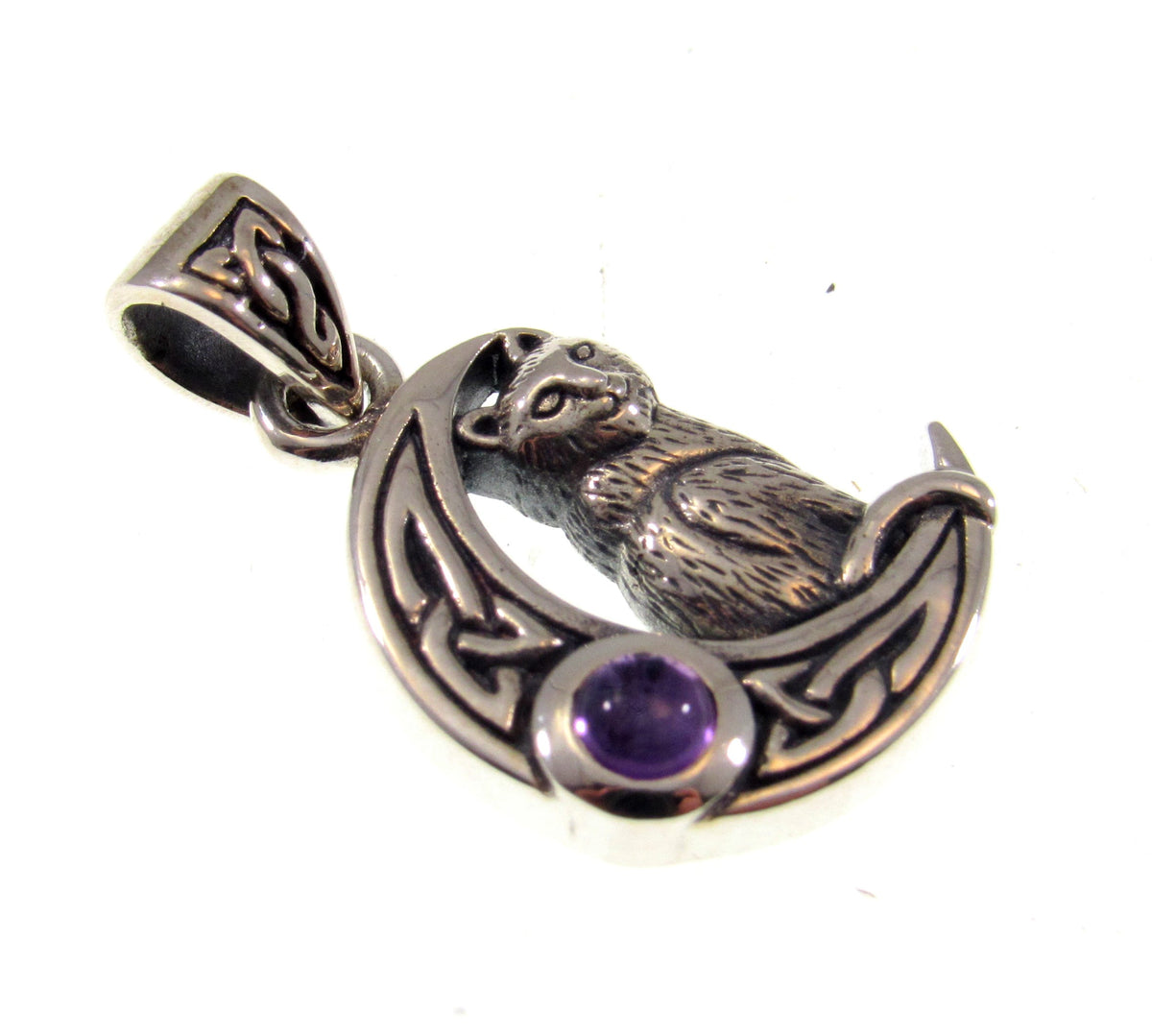 Solid 925 Sterling Silver Celtic Moon Cat Pendant – Witchy Crescent Moon Amethyst or Moonstone