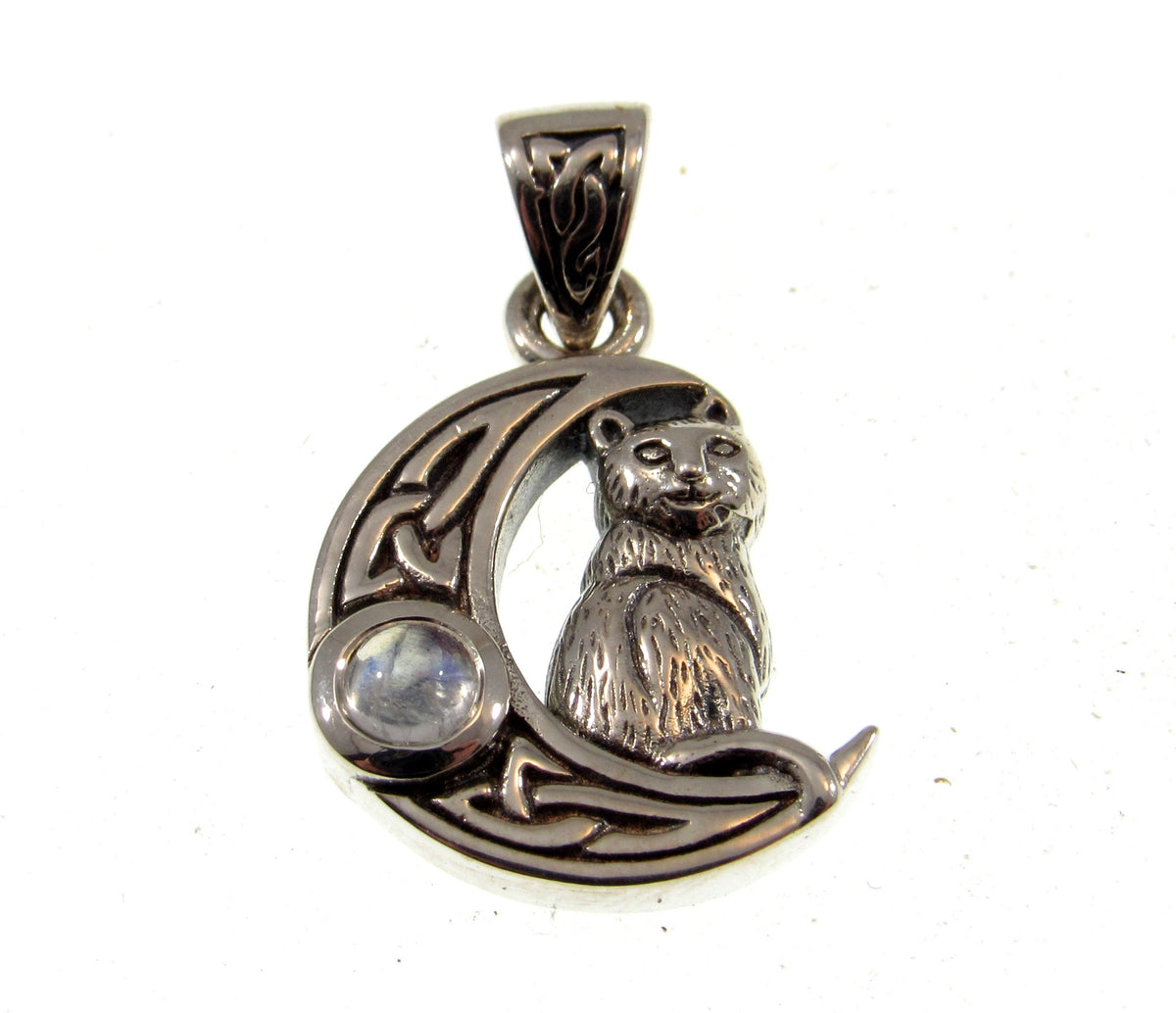 Solid 925 Sterling Silver Celtic Moon Cat Pendant – Witchy Crescent Moon Amethyst or Moonstone