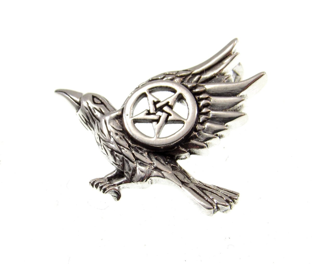 Solid 925 Sterling Silver Raven Pentacle Pendant, Small Pagan Amulet, Wiccan Bird Charm