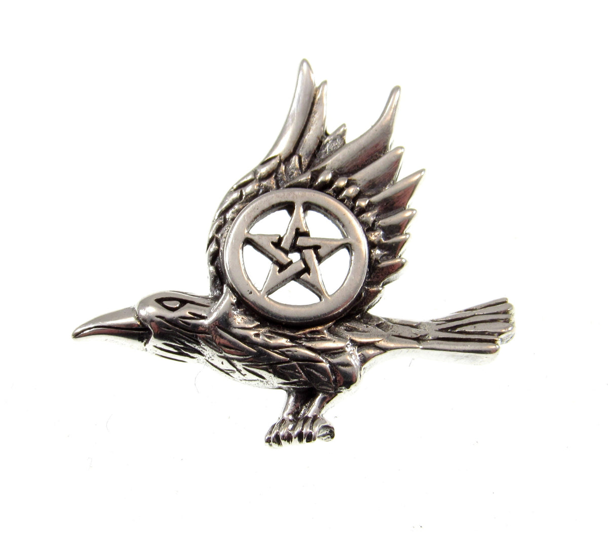 Solid 925 Sterling Silver Raven Pentacle Pendant, Small Pagan Amulet, Wiccan Bird Charm