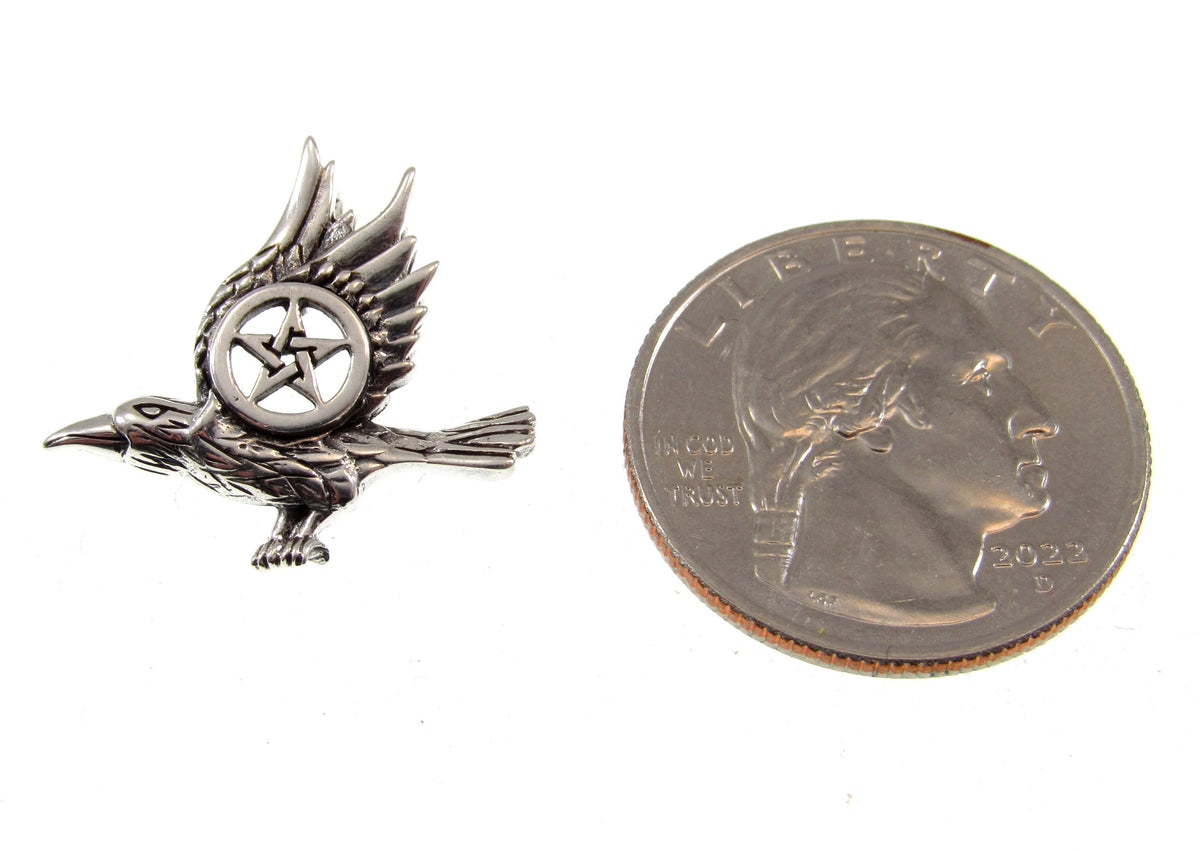 Solid 925 Sterling Silver Raven Pentacle Pendant, Small Pagan Amulet, Wiccan Bird Charm