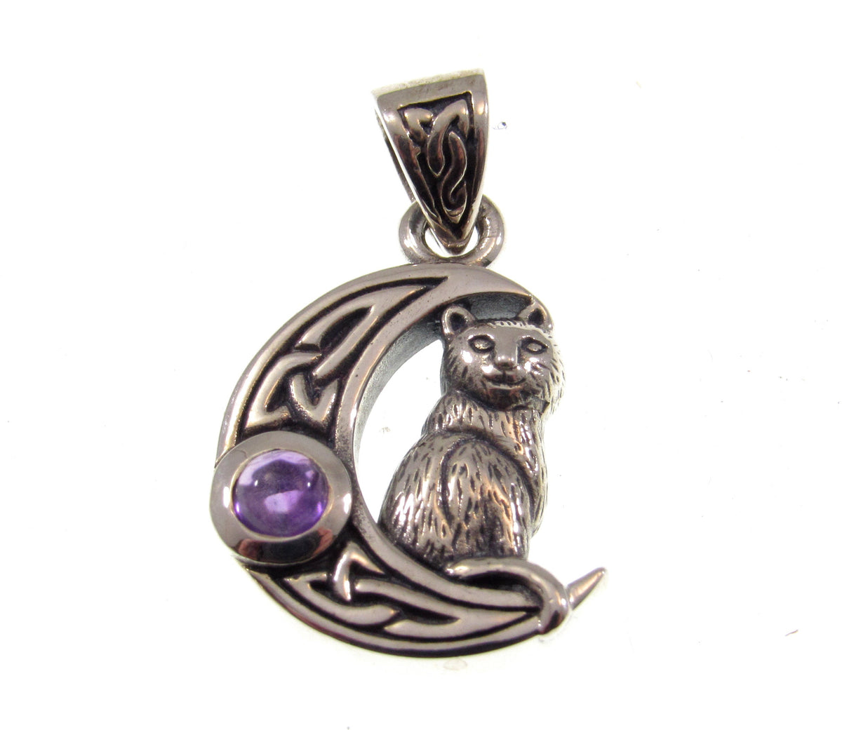 Solid 925 Sterling Silver Celtic Moon Cat Pendant – Witchy Crescent Moon Amethyst or Moonstone