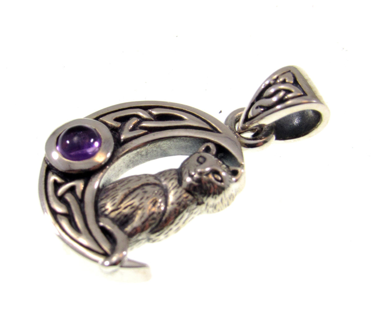 Solid 925 Sterling Silver Celtic Moon Cat Pendant – Witchy Crescent Moon Amethyst or Moonstone