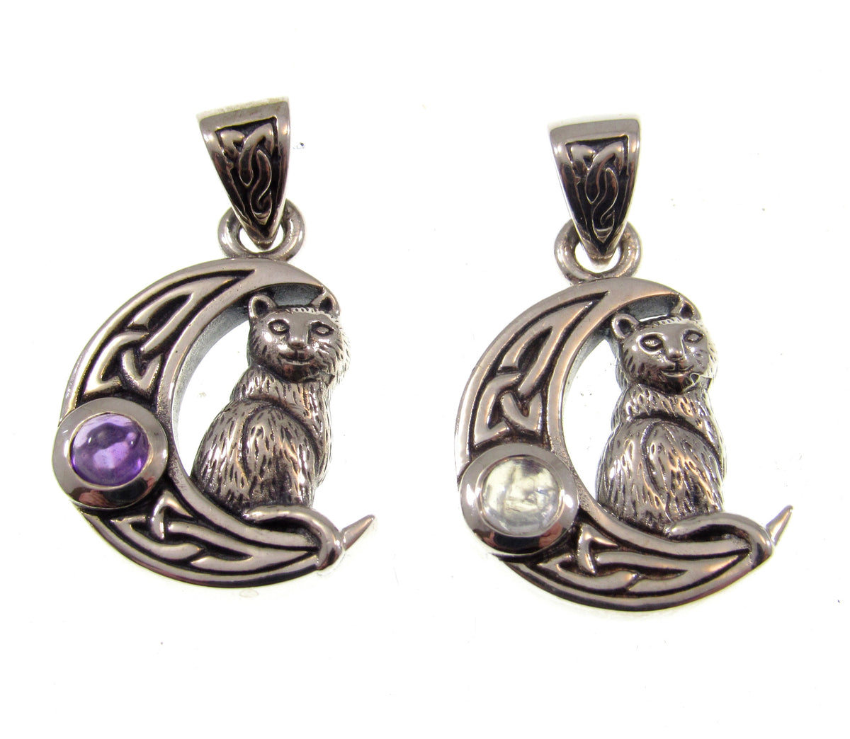 Solid 925 Sterling Silver Celtic Moon Cat Pendant – Witchy Crescent Moon Amethyst or Moonstone