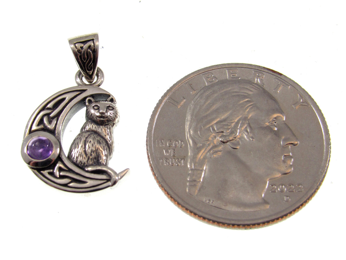 Solid 925 Sterling Silver Celtic Moon Cat Pendant – Witchy Crescent Moon Amethyst or Moonstone