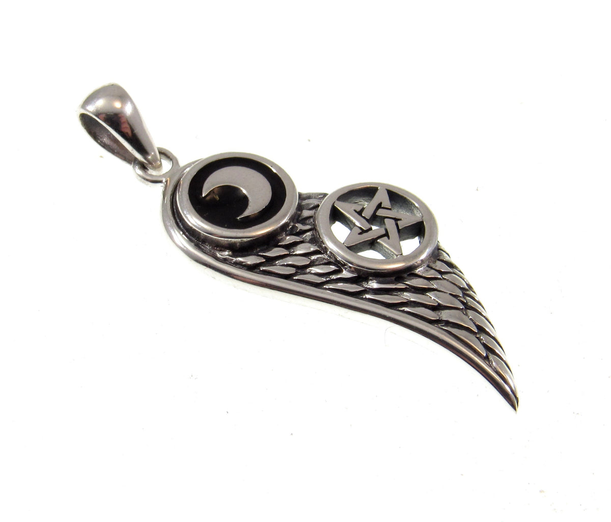 Solid 925 Sterling Silver Crescent Moon Pentacle Angel Wing Pendant w/ Enamel, Gothic Talisman