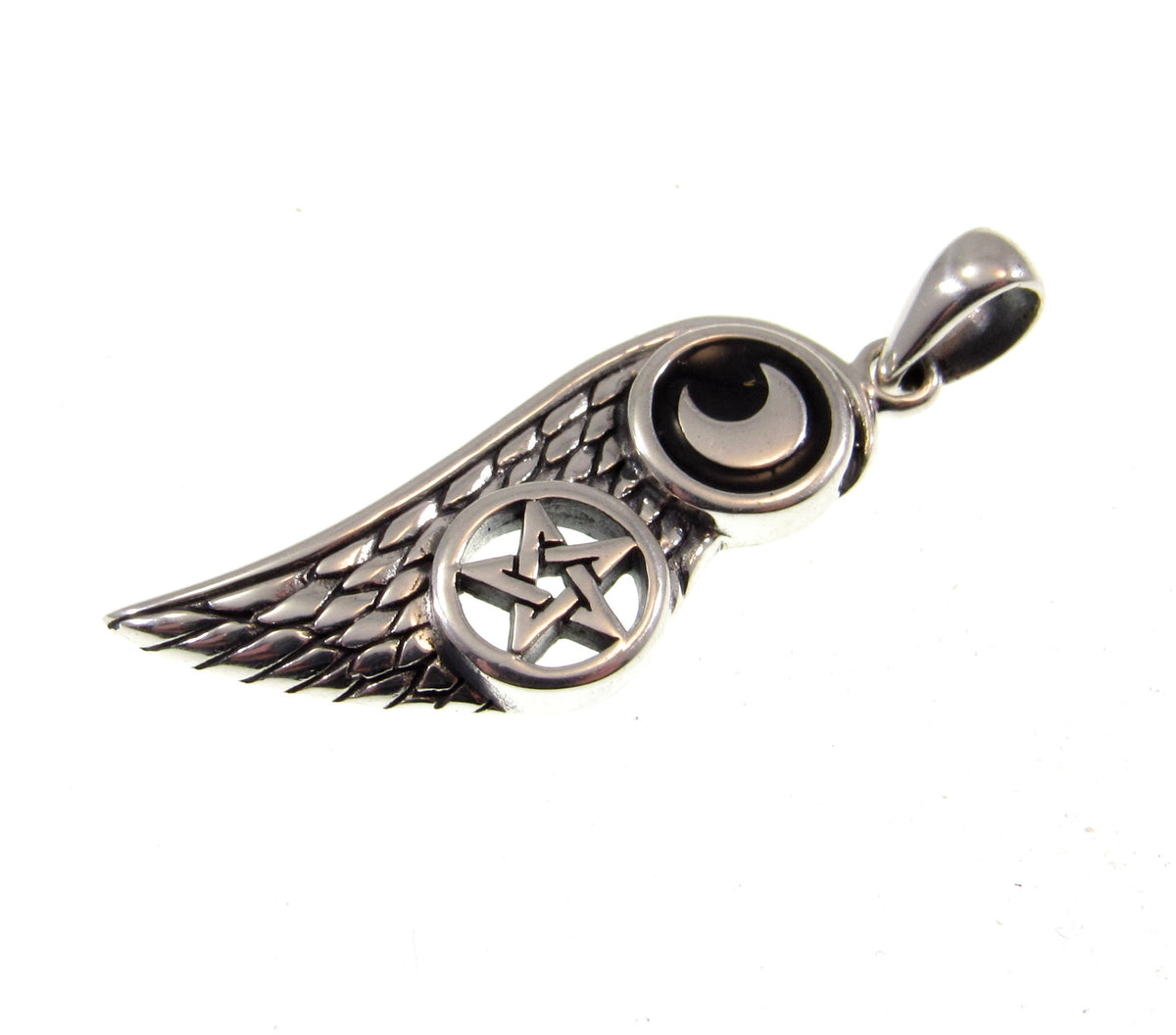 Solid 925 Sterling Silver Crescent Moon Pentacle Angel Wing Pendant w/ Enamel, Gothic Talisman
